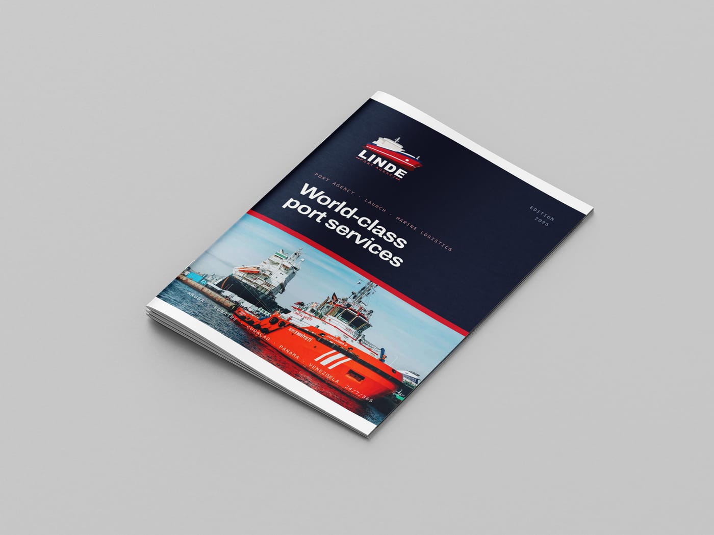 Mockup del brochure impreso de Linde Port Agency